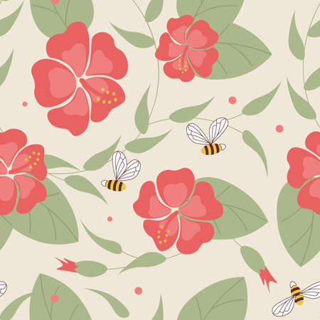 Bright colored seamless pattern with cute hibiscus flower and bee. Flat Art Illustrationの写真素材