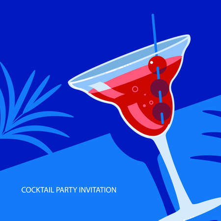 Exotic cocktail on bright blue and palm leaves background banner template for design menu or cocktail party invitation. Flat Art Illustrationの写真素材
