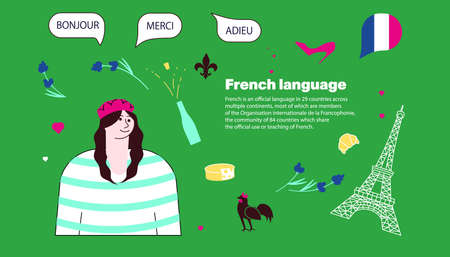 Language school Landing page template. Female student with Hello, thanks and bye in speech bubble and French landmarks around. Flat Art Vector Illustrationのイラスト素材