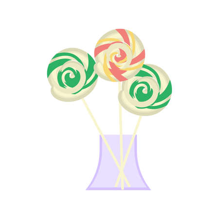 Sweet candies colorful set isolated on white background. Assorted colorful lollipops, wrapped caramel candies and strawberries in chocolate. Flat Art Vector Illustrationのイラスト素材