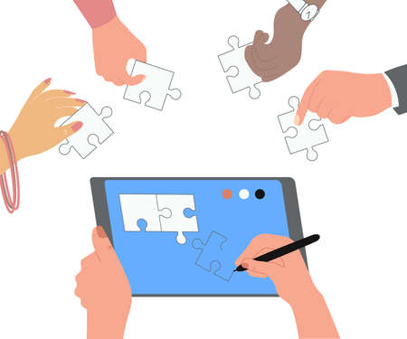 Human hands creating puzzles on a tablet, multinational colleagues or employees help. Team work web...