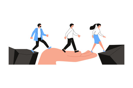 Coworkers cross the abyss together, overcome difficulties on the way to victory, teamwork business concept growth and the path to success. flat art vector illustrationのイラスト素材