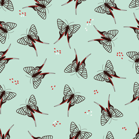 Bright colorful Seamless pattern with Cute Cartoon black butterfly on pastel colors background. flat art illustrationの写真素材