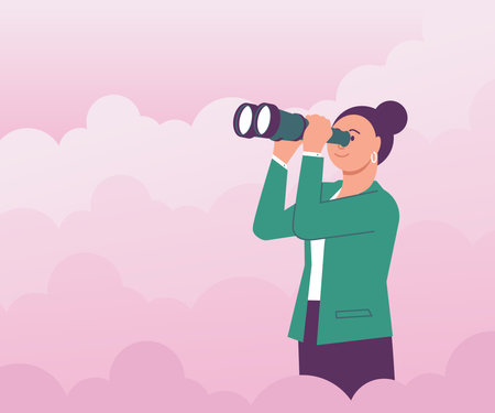 Business woman looking into the future choosing direction of development through the clouds. Concept of searching for business solutions, opportunities, decisions, new ideas or staff. Flat Art Vector Illustrationのイラスト素材