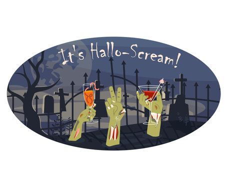 Oval horizontal halloween banner with Dead zombie handsのイラスト素材