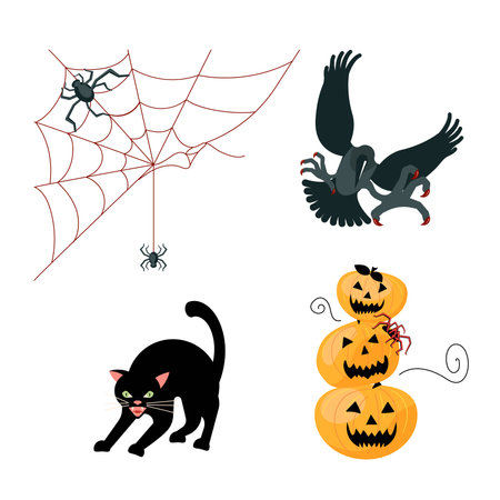 Clip art with orange pumpkins, black cat, spider web and raven attacksのイラスト素材
