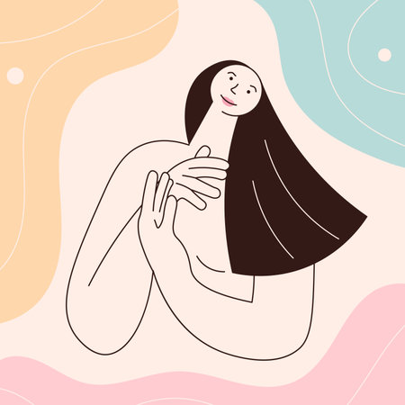 Abstract poster with woman portrait in pastel colors backgroundの写真素材