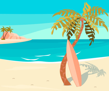 Horizontal banner of abstract seascape with surfboard and islandの写真素材