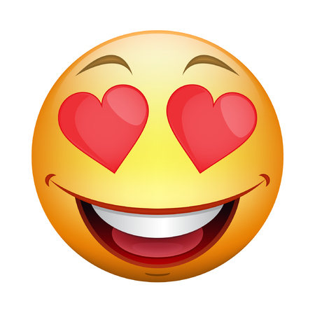Love smile icon. Cartoon colored smiley with eyes as heart.のイラスト素材