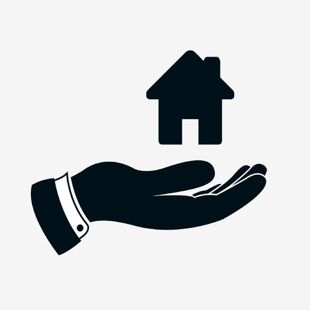 Hand icon with house sign or home sign. Simple house icon above hand. Illustration of hand which giving or offering a housing and rest.のイラスト素材