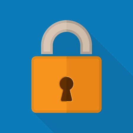 Lock icon vector with long shadow in flat style. Padlock simple symbol illustration isolated on blue background.のイラスト素材