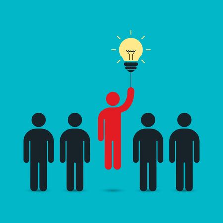 Businessman flying by the idea bulb above crowd. Business concept, vector illustration.のイラスト素材