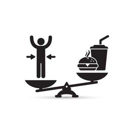 Man and fast food on scales, vector loss weight concept illustration.のイラスト素材