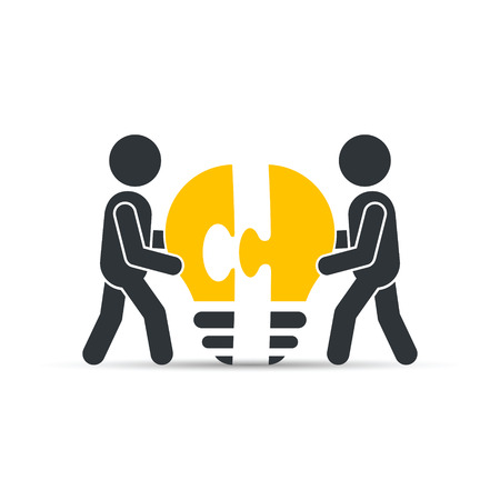 Completing Idea. Business illustration of men with bulb puzzle.のイラスト素材