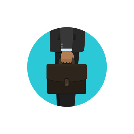 Businessman's hand holding briefcase, side view, circle icon logo, flat design. Vector.のイラスト素材