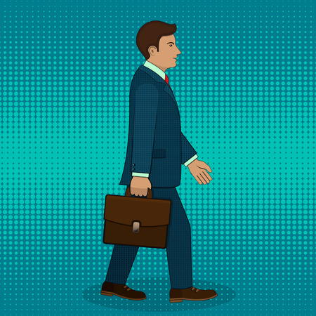 Walking businessman with briefcase in pop art retro style, vector illustration.のイラスト素材