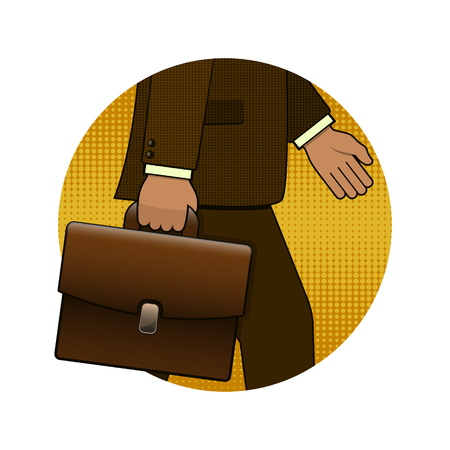 Businessman holding briefcase illustration in pop art retro style, vector circle logo icon.のイラスト素材
