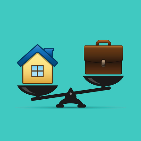 Home and business scales icon. Weight between work, money and your family. Career and family are on the scales. Balance your life business concept. Family or money. Vector isolated illustration.のイラスト素材