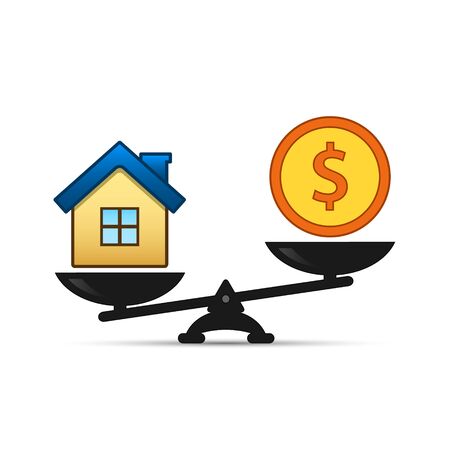 Dollar and house scales icon. Money and house balance on scale. Real estate sale.のイラスト素材