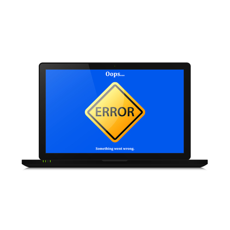 Error mistake sign on computer laptop screen. Vector illustration of realistic computer laptop with error page.のイラスト素材
