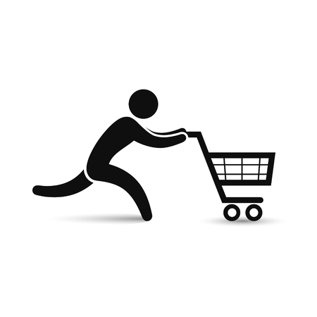 Running man pushing shopping cart icon. Vector shopping sale discount illustration.のイラスト素材