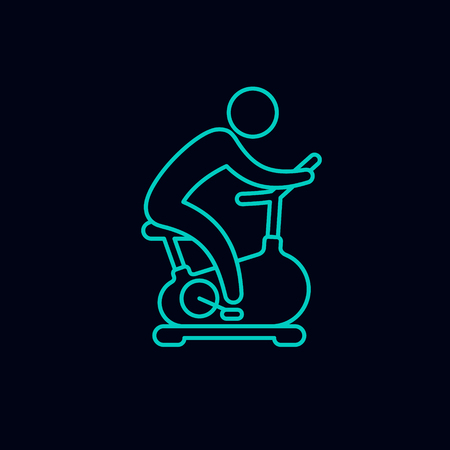 Man training on exercise bike outline icon. Vector icon isolated on black background.のイラスト素材