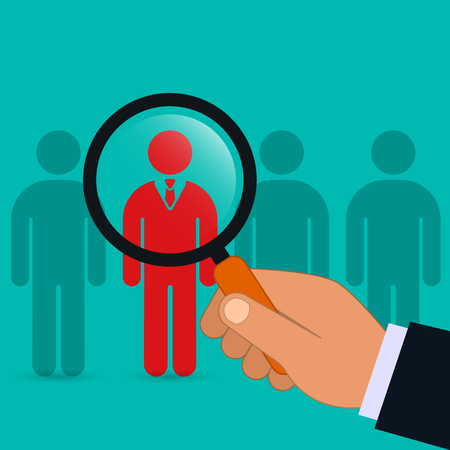 Hand holding magnifying glass for search a creative man, emploee. Recruitment or selection concept. Vector illustration.のイラスト素材