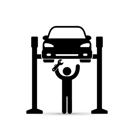 Car on lift and mechanic icon, vector. Car service repair simple black illustration.のイラスト素材