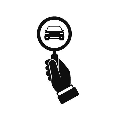 Looking for car icon, hand hold magnifying glass search car, vector logo illustration.のイラスト素材