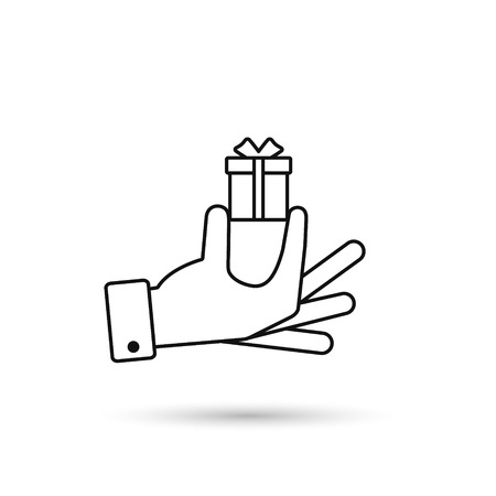 Hand holding gift box icon outline symbol, Vector isolated illustration.のイラスト素材