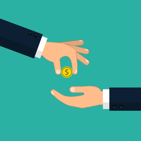 Man gives to other man a gold coin. Receiving money concept. Vector flat illustration.のイラスト素材