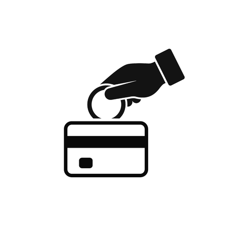 Hand put coin in bank card account icon, vector. Cash get a bank card, replenish card. replenishment process illustration.のイラスト素材