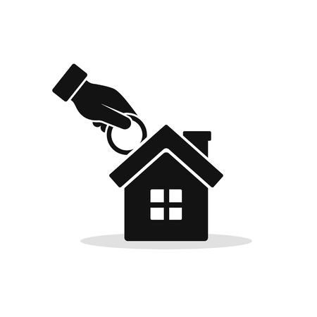 Hand puts money in house piggy bank icon. Vector flat style illustration. Invest in home concept.のイラスト素材