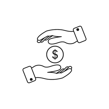 Money coin in two hands icon. Save money vector outline illustration.のイラスト素材