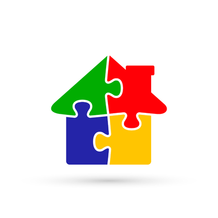 House Puzzle Icon, Jigsaw Home color illustration. Vector flat design.のイラスト素材