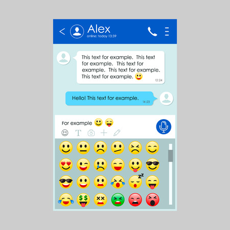 Chat app template with mobile smile emoticon set. Social network concept. Messenger realistic window. Chatting and messaging concept. Vector illustration.のイラスト素材