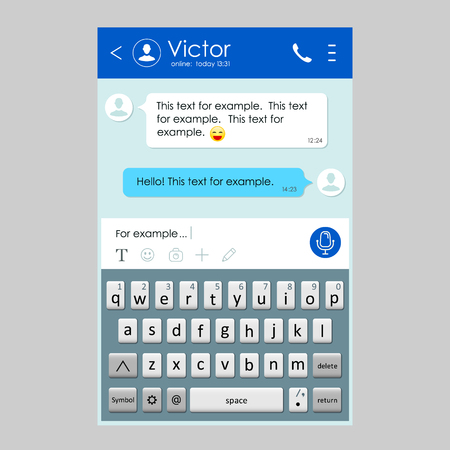 Chat app template with mobile keyboard. Social network concept. Messenger window. Chatting and messaging concept. Vector illustration.のイラスト素材