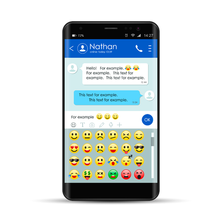 Realistic smartphone With messenger chat app template with mobile keyboard. Chatting and messaging, Social network concept. Messenger window. Vector illustration.のイラスト素材