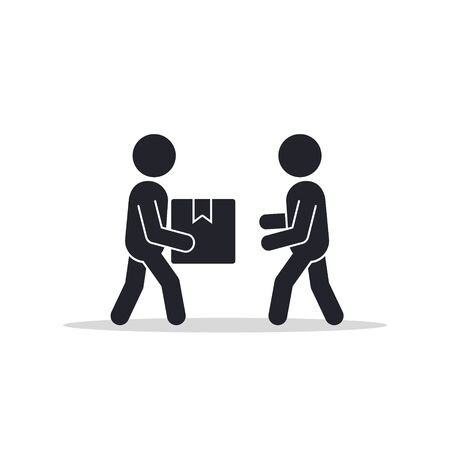 Delivery man giving box to other man icon. Vector isolated flat illustration.のイラスト素材