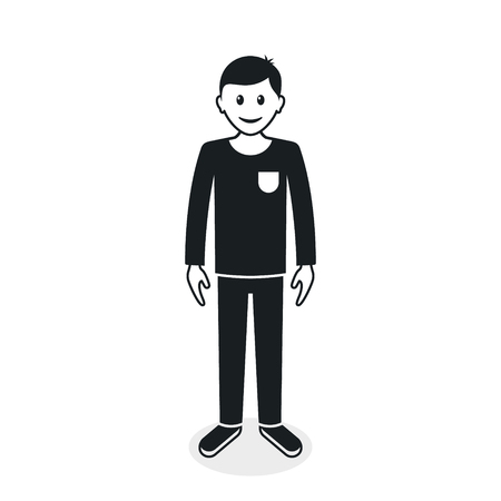 Cartoon guy or man in casual clothes, front view silhouette. Vector black illustration.のイラスト素材