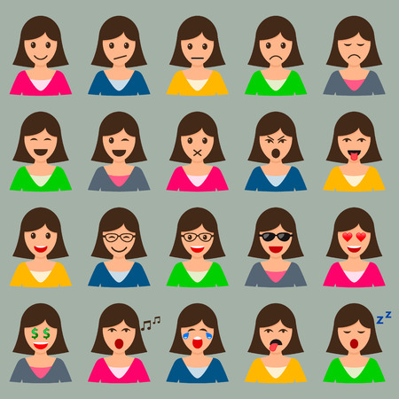 Woman Head with Different Emotions Expression Mood set, vector isolated Female smile color collection.のイラスト素材