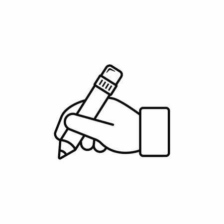Hand holding pencil outline icon. Hand writing icon. Vector line illustration.のイラスト素材