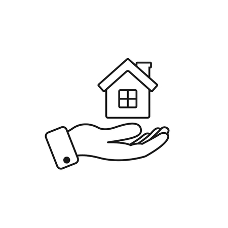 House in hand line icon, vector isolated outline illustration.のイラスト素材