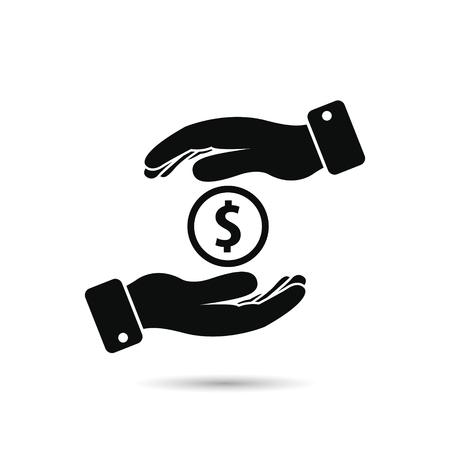 Hands hold coin money black icon. Saving money vector symbol.のイラスト素材