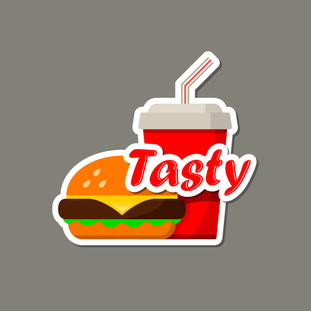 Tasty Fast food Advertising Sticker, Design Label or Sticer - burger and soda cola. Design Template. Vector illustration.のイラスト素材
