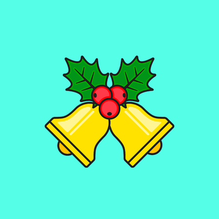 Bells with Holly Berry, Christmas New Year color Icon isolated on blue Background. Vector.のイラスト素材