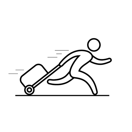 Man is running with a bag, hurrying to the transport, outline icon Vector line illustration.のイラスト素材