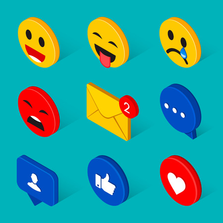 Social Like smile expression chat isometric collection. Funny flat emoji emoticon reactions color icon set.のイラスト素材