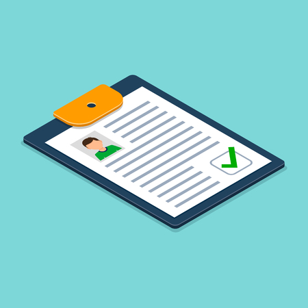 Clipboard with man silhouette Isometric illustration. Approved Checklist Job application form with profile photo. Modern flat design.のイラスト素材