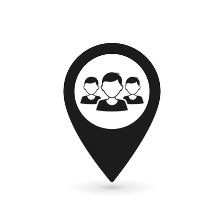 Meeting point location icon. Gps mark silhouette symbol. Group of people inside pinpoint. Vector, isolated illustration.のイラスト素材